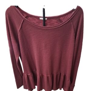Easel Burgundy Long Sleeve Top With Ruffle Hem